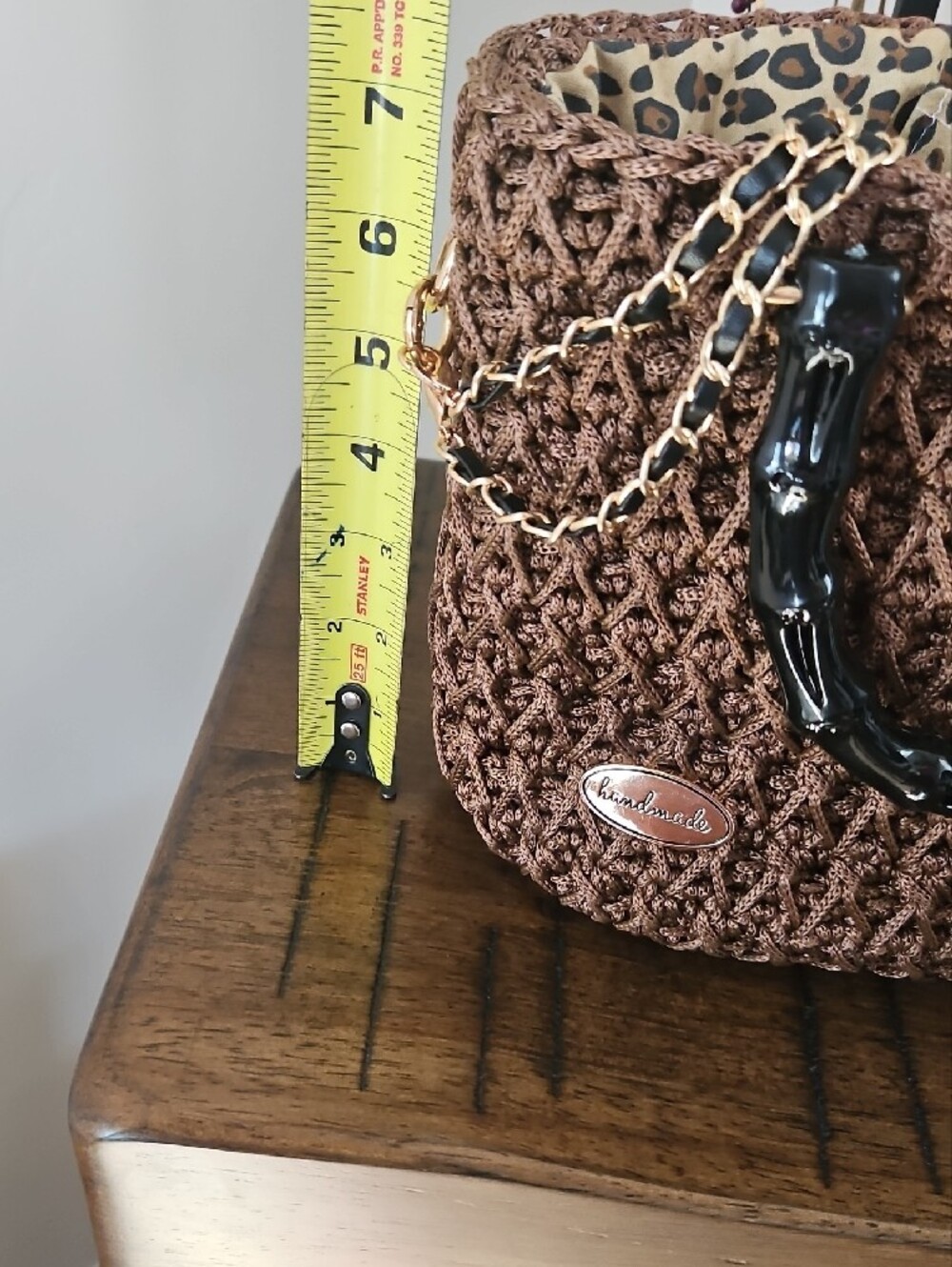 Hand Crocheted By Me Brown Shoulder Bag with Black Handles and Chain Strap - Picture 4 of 4